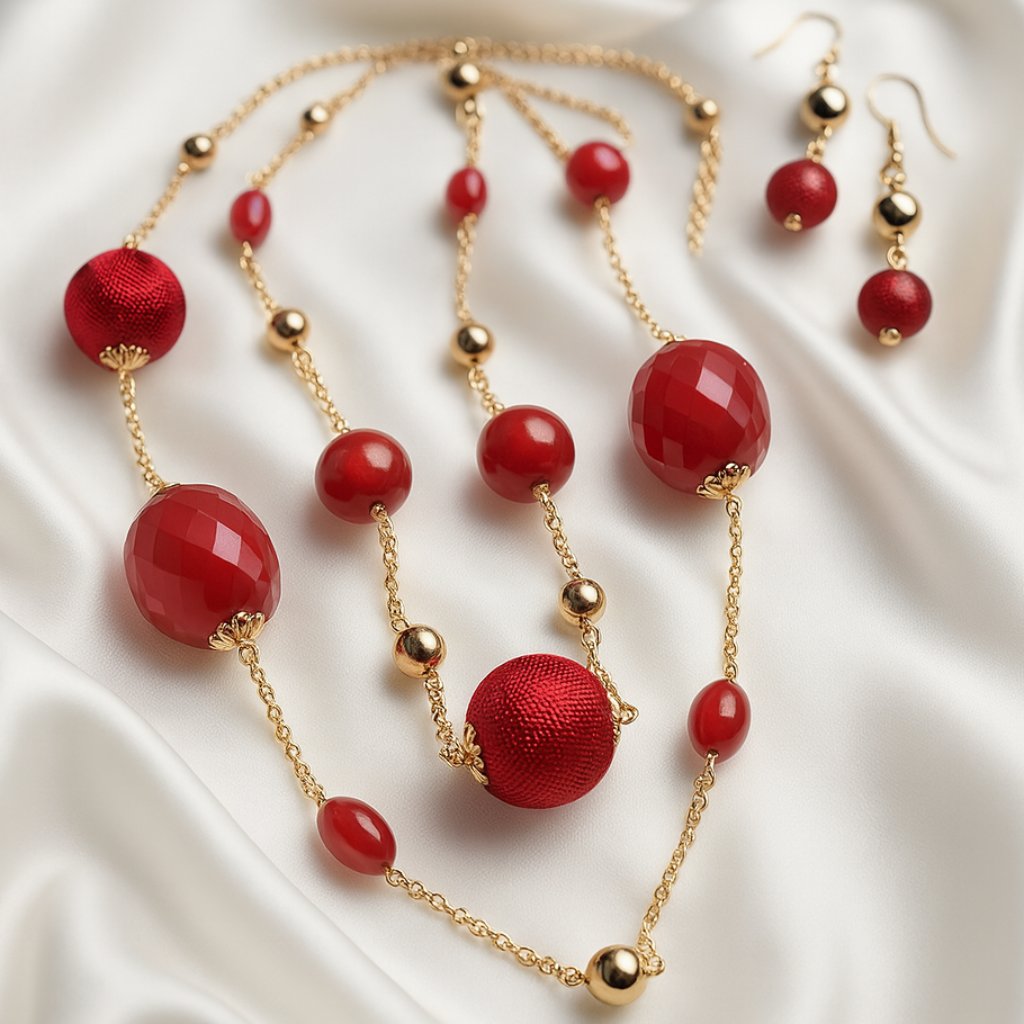 Elegant Red & Gold Beaded Necklace And Earrings Set Festive Statement Jewelry